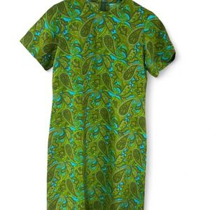 60s green paisley midi dress with short sleeves, zipper back